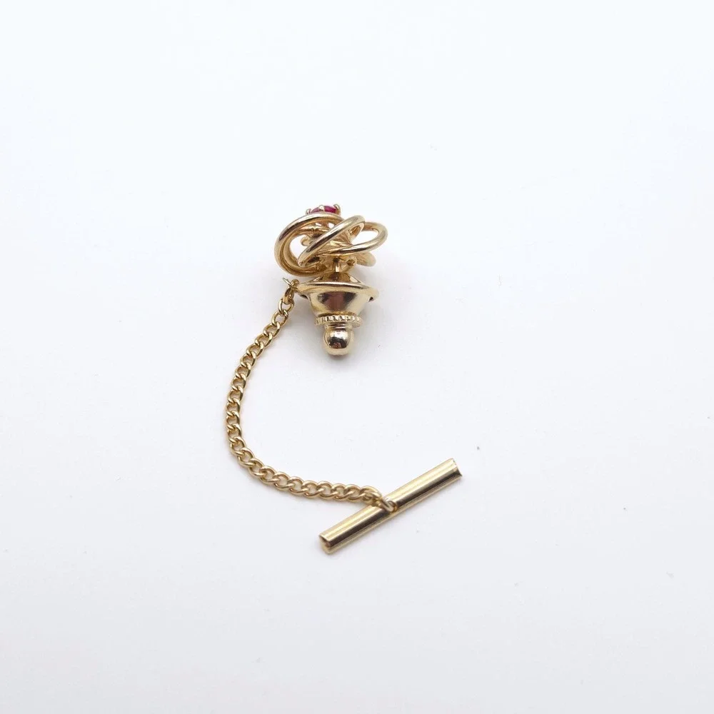Vintage Gold Tone Knot Tie Tack Pink Stone Center‎ Chain T-Bar Accessory